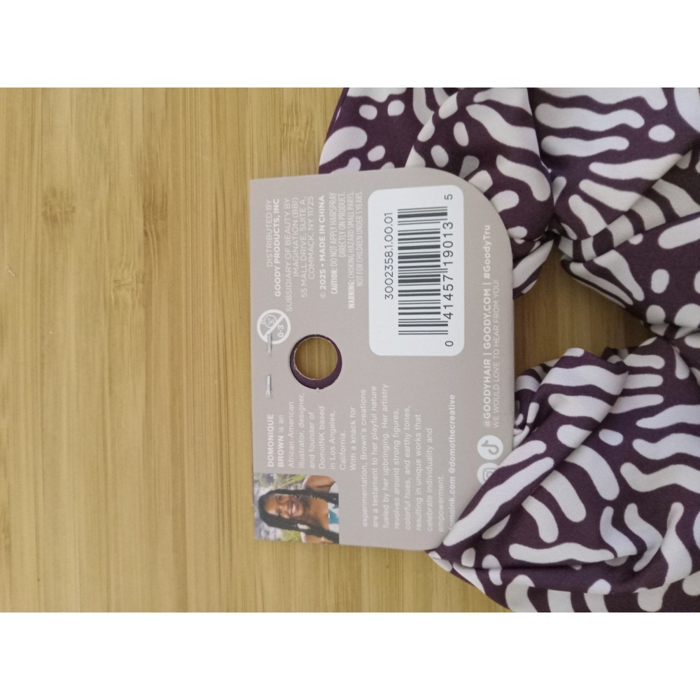 Goody x DomoINK XL Satin Scrunchie Purple White Abstract Ouchless Hair Tie NEW